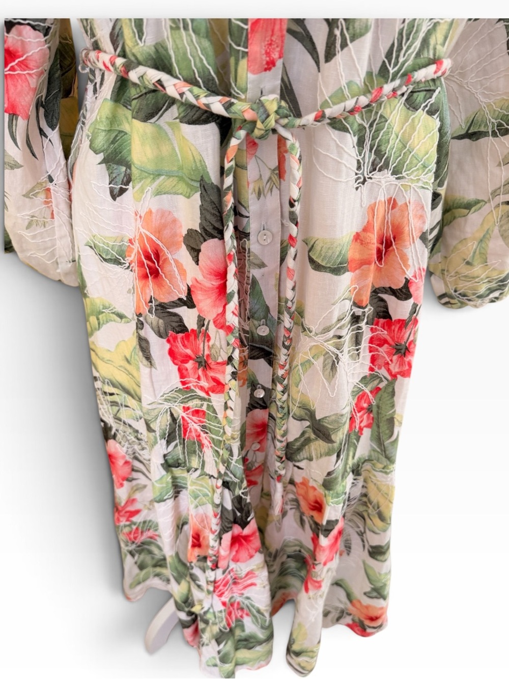 Tommy Bahama Daybreak Hibiscus" Green/Pink Floral Tiered 3/4 Sleeve Midi Dress - Picture 5 of 12